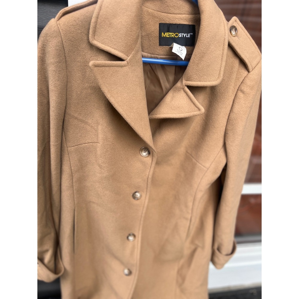 Metrostyle Camel Tan 100% Wool Long Trench Coat Jacket Womens 12P Petite